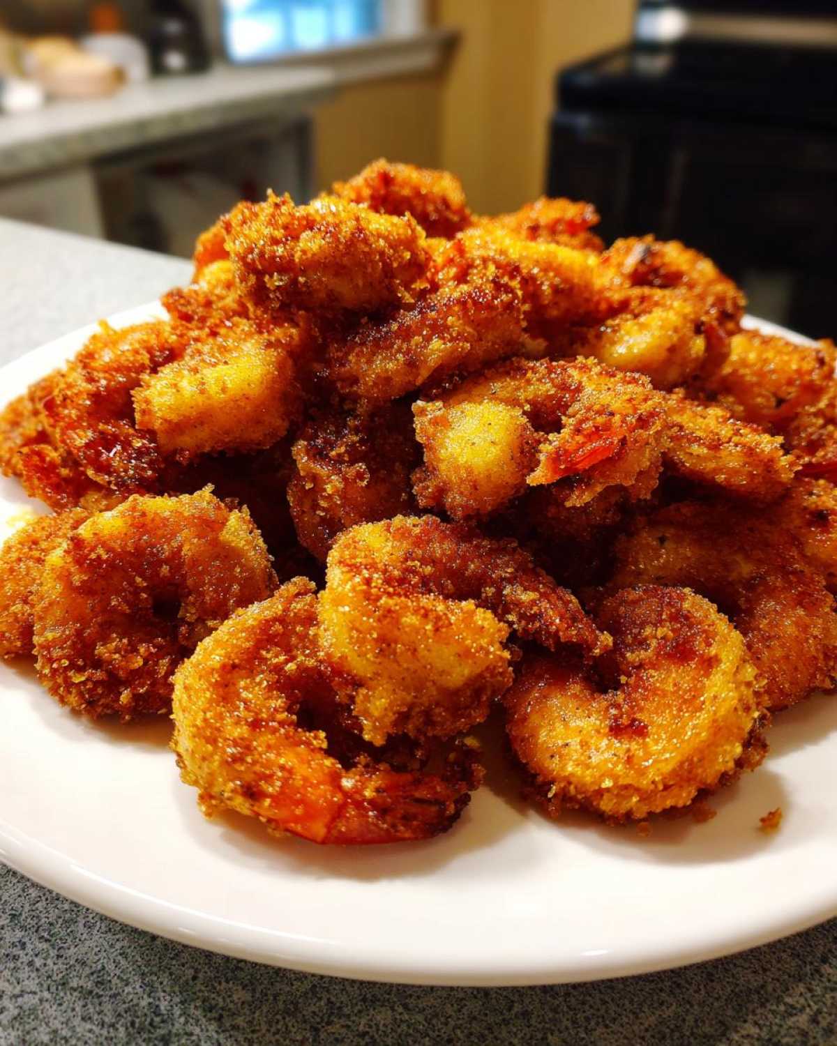 A generous pile of golden-brown, crispy fried shrimp stacked high on a white plate.