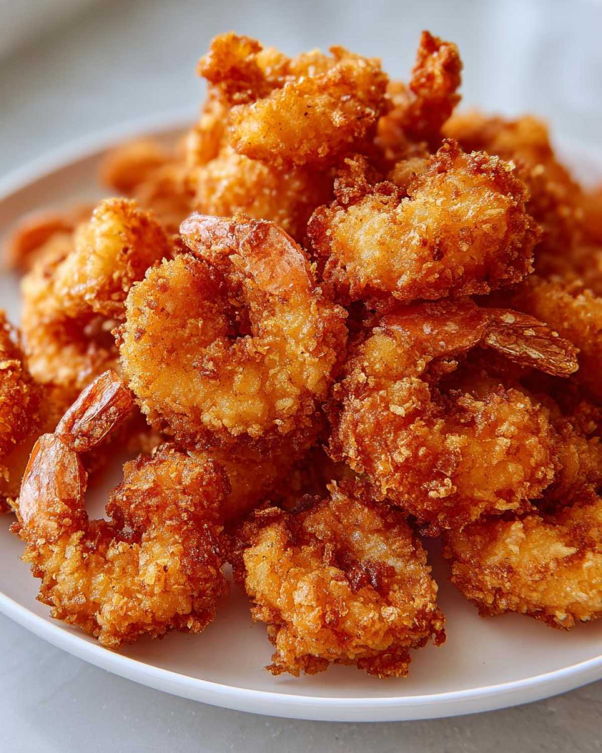 A close-up of a large pile of golden brown, crispy fried shrimp with tails intact, served on a white plate.