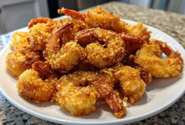 A generous pile of golden brown, crispy fried shrimp with tails on, served on a white plate.