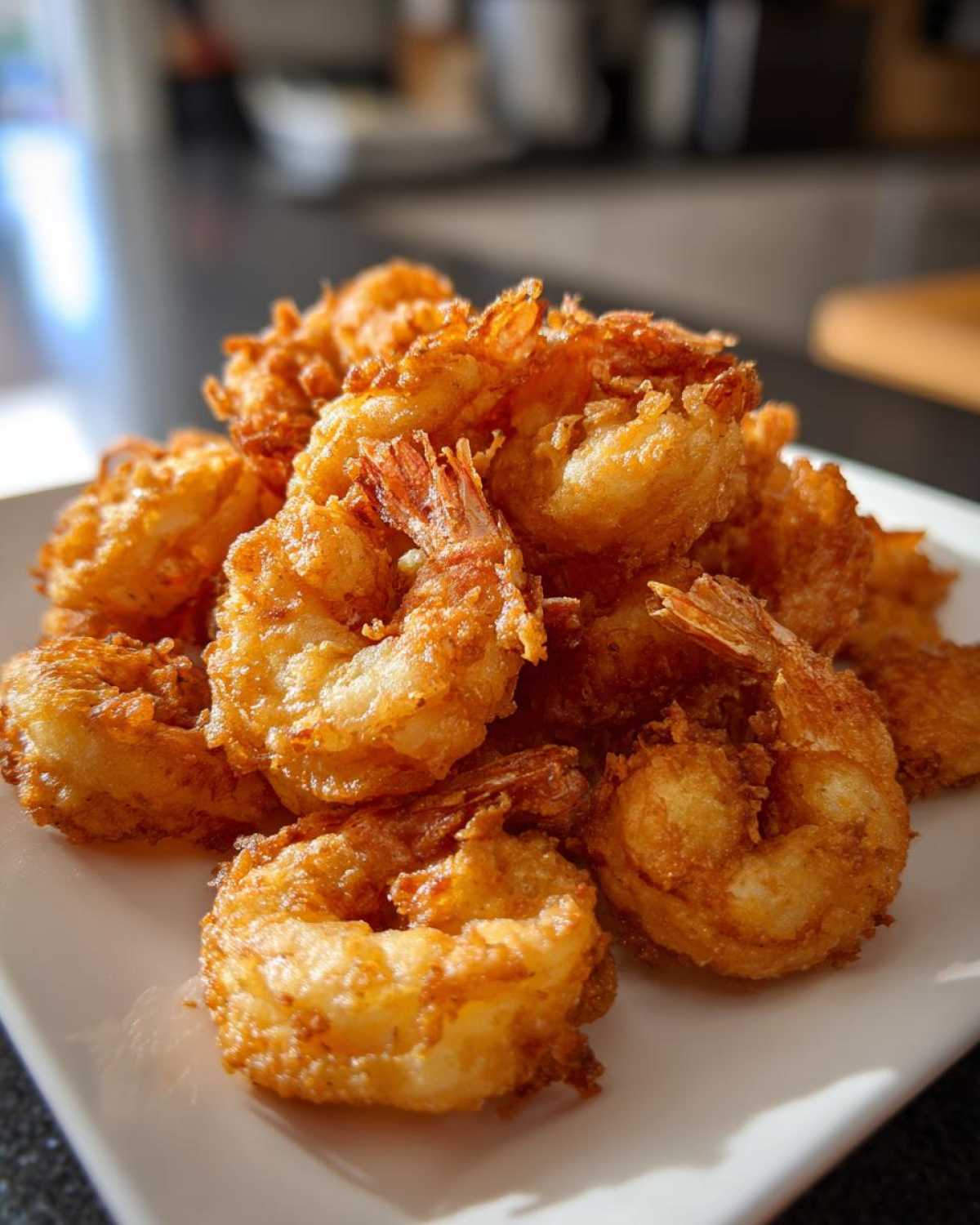 A close-up of a generous pile of perfectly golden and crispy fried shrimp served on a white rectangular plate.