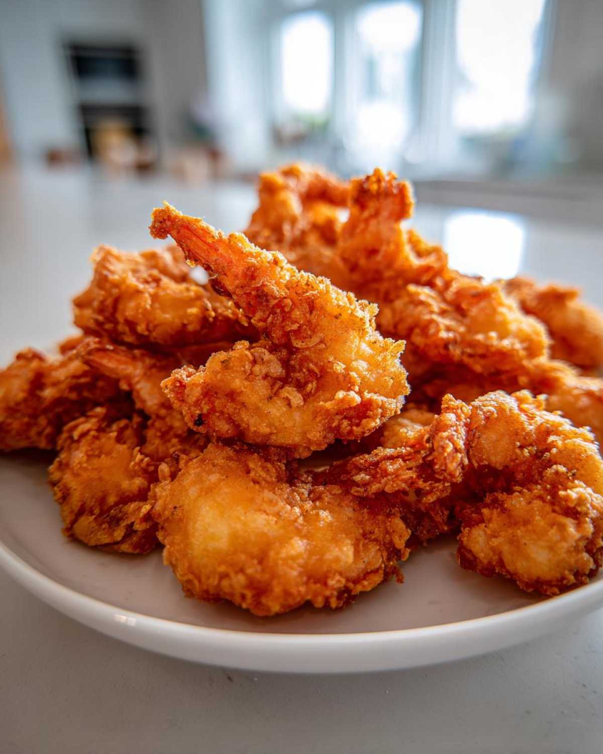 Close-up of a mound of perfectly golden and crispy fried shrimp piled high on a white plate.