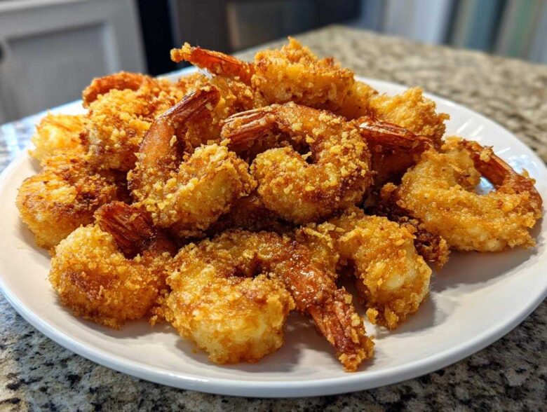 A generous pile of golden brown, crispy fried shrimp with tails on, served on a white plate.