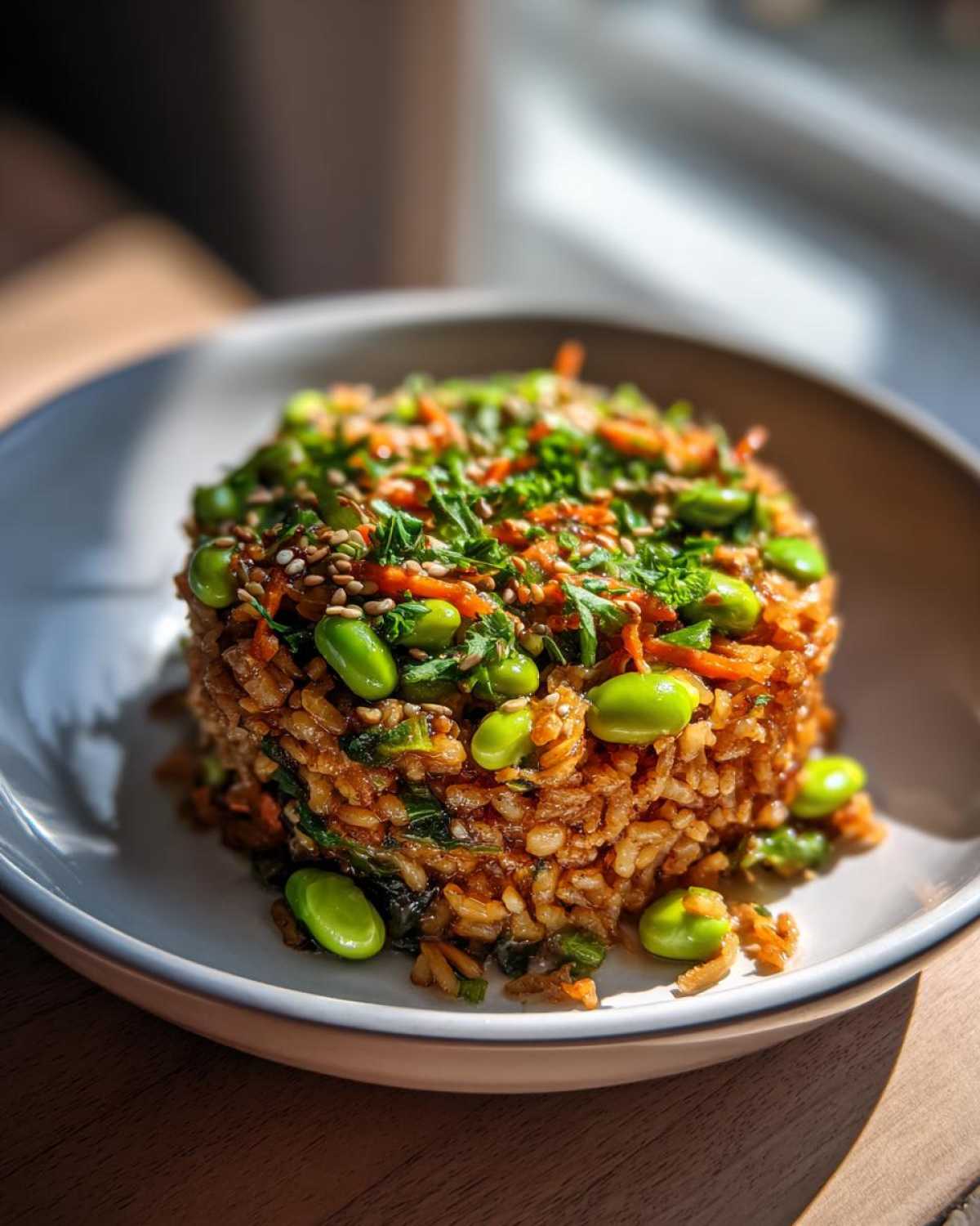 A molded portion of crispy rice salad topped with bright green edamame, shredded carrots, and herbs.