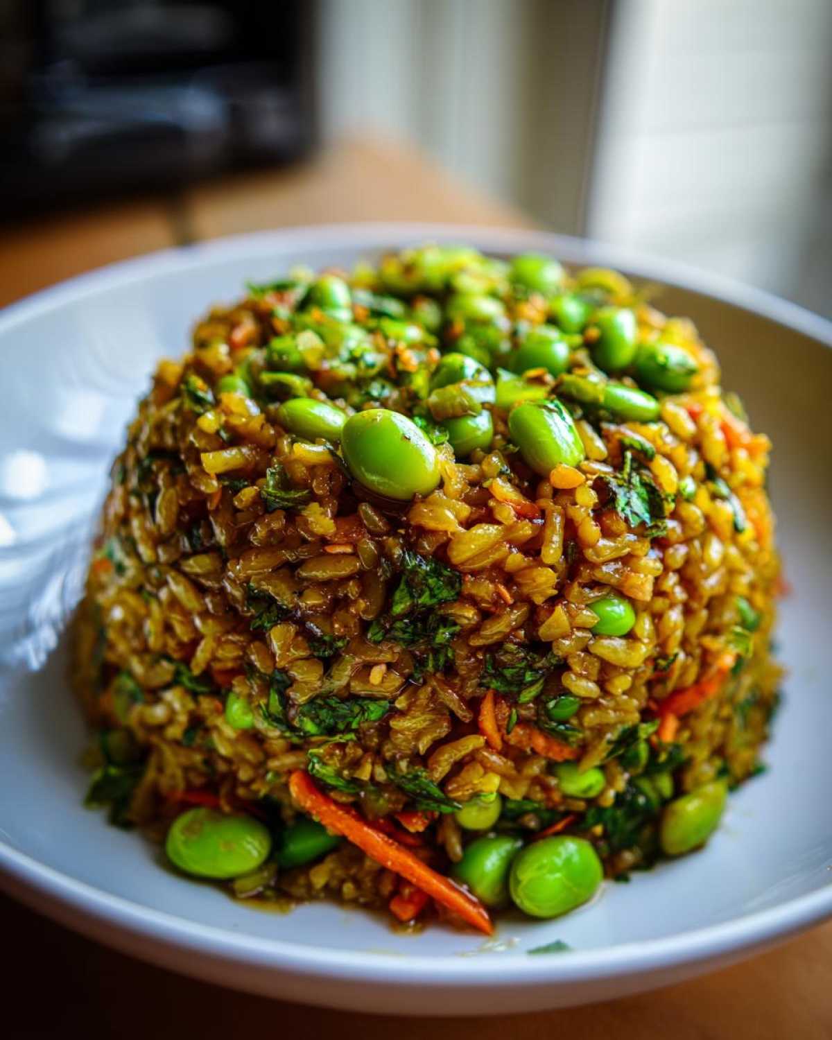 A dome-shaped serving of flavorful crispy rice salad topped generously with bright green edamame beans.