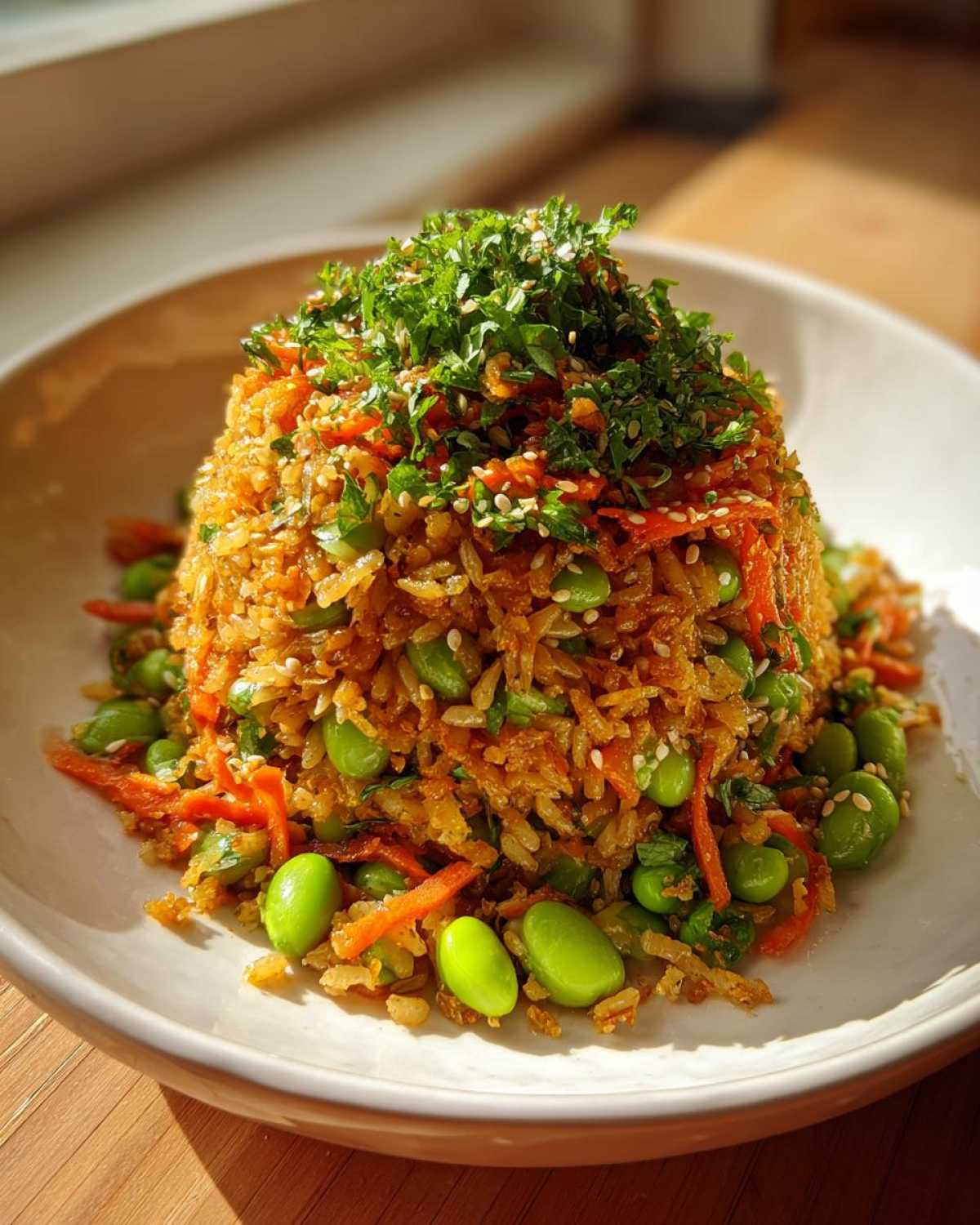 A mound of golden brown crispy rice salad mixed with bright green edamame and shredded carrots, topped with fresh herbs.