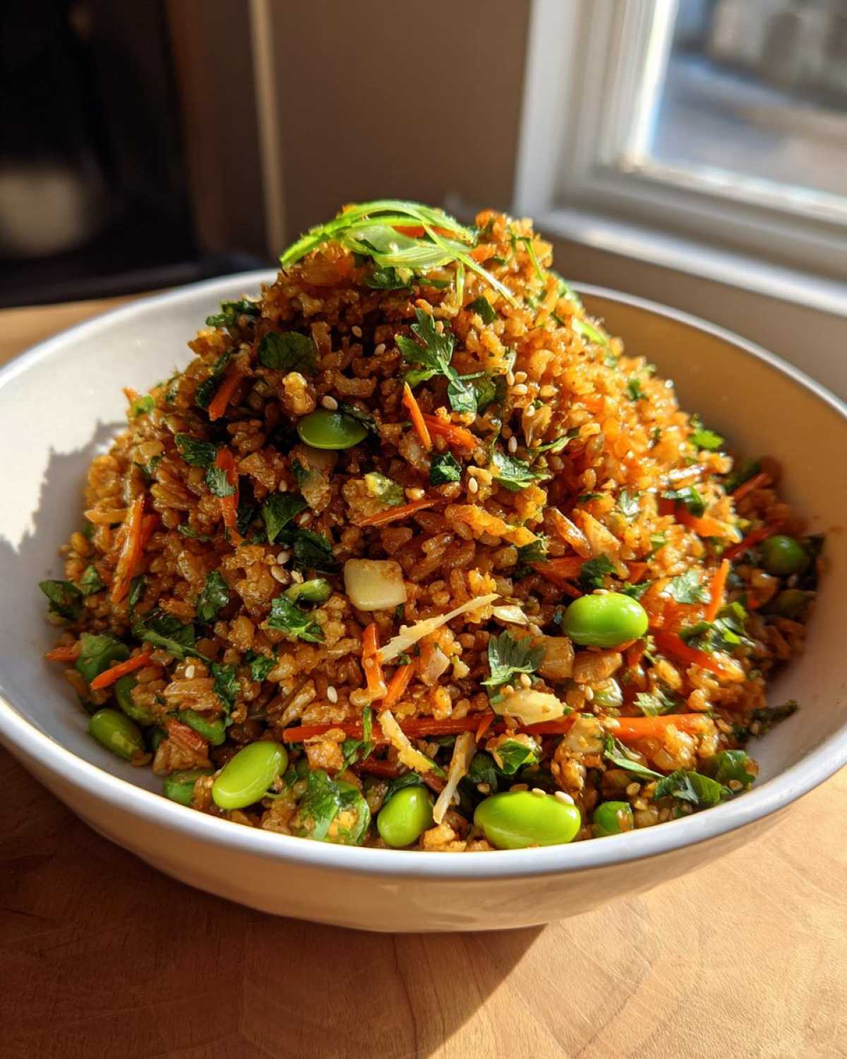 A tall mound of vibrant crispy rice salad mixed with edamame, shredded carrots, and herbs, served in a white bowl.