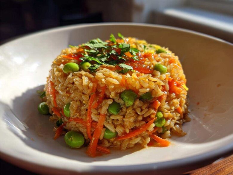 A molded serving of savory crispy rice salad mixed with shredded carrots and bright green peas, topped with herbs.