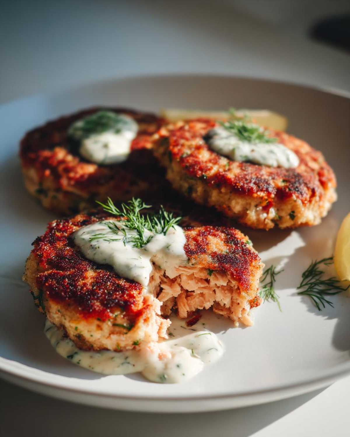 Three perfectly seared salmon cakes on a white plate, one broken open revealing flaky interior, topped with dill sauce.