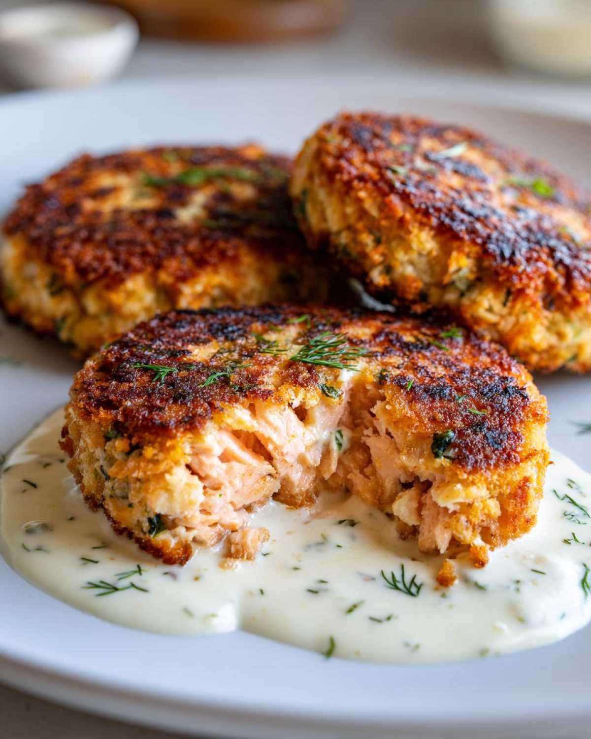 Close-up of three crispy salmon cakes, one cut open to show flaky pink salmon inside, served over a creamy dill sauce.