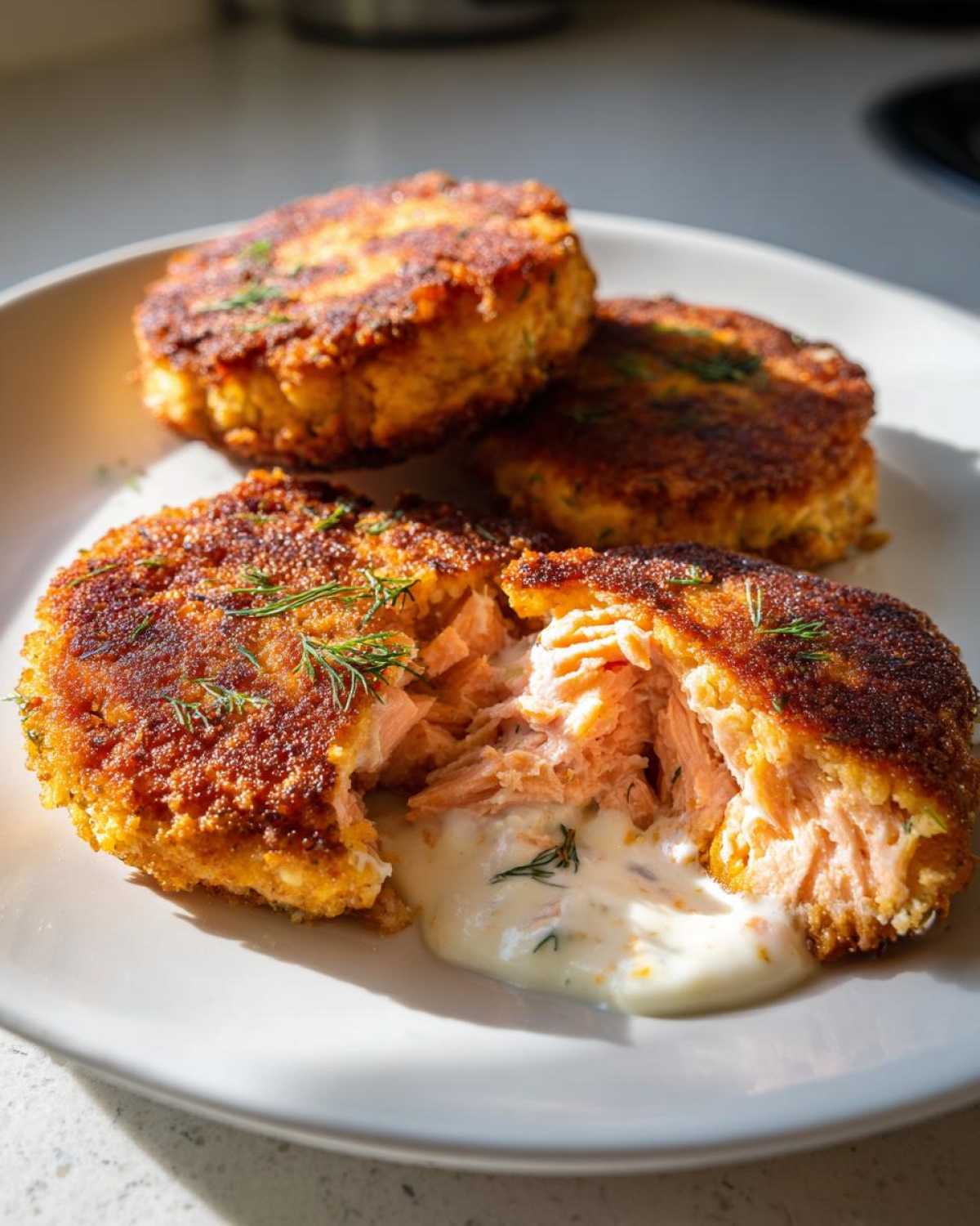Close-up of crispy salmon cakes, one broken open revealing flaky pink salmon inside with creamy sauce and dill garnish.