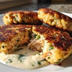 Close-up of three crispy salmon cakes, one broken open to show flaky interior and creamy sauce.