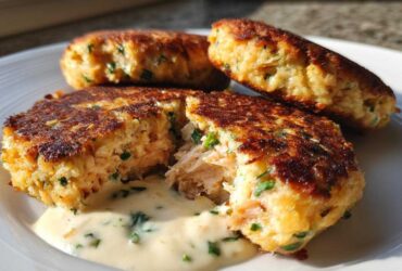 Close-up of three crispy salmon cakes, one broken open to show flaky interior and creamy sauce.