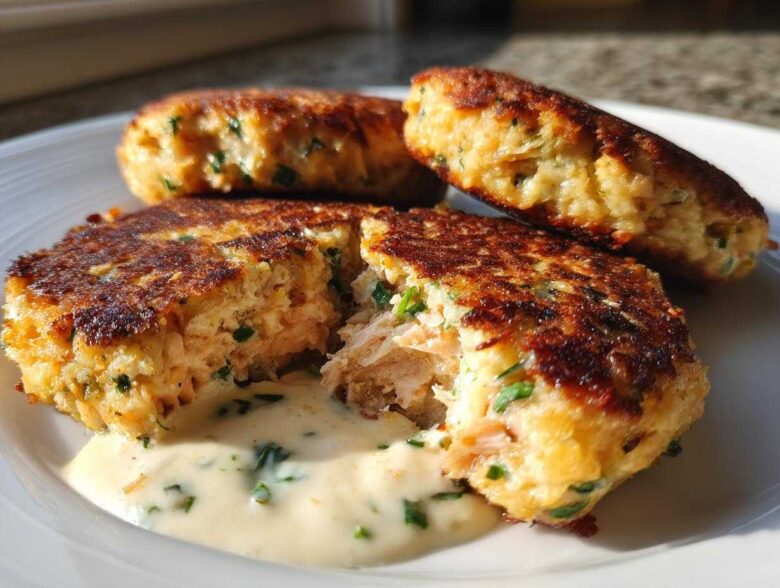 Close-up of three crispy salmon cakes, one broken open to show flaky interior and creamy sauce.