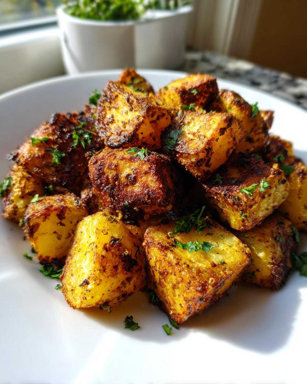 A close-up of golden brown, seasoned breakfast potatoes piled high on a white plate and garnished with fresh parsley.