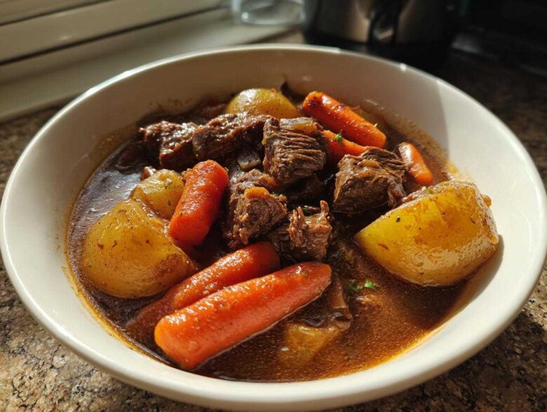 Close-up of a bowl filled with rich crockpot beef stew featuring tender beef chunks, carrots, and potatoes in savory broth.