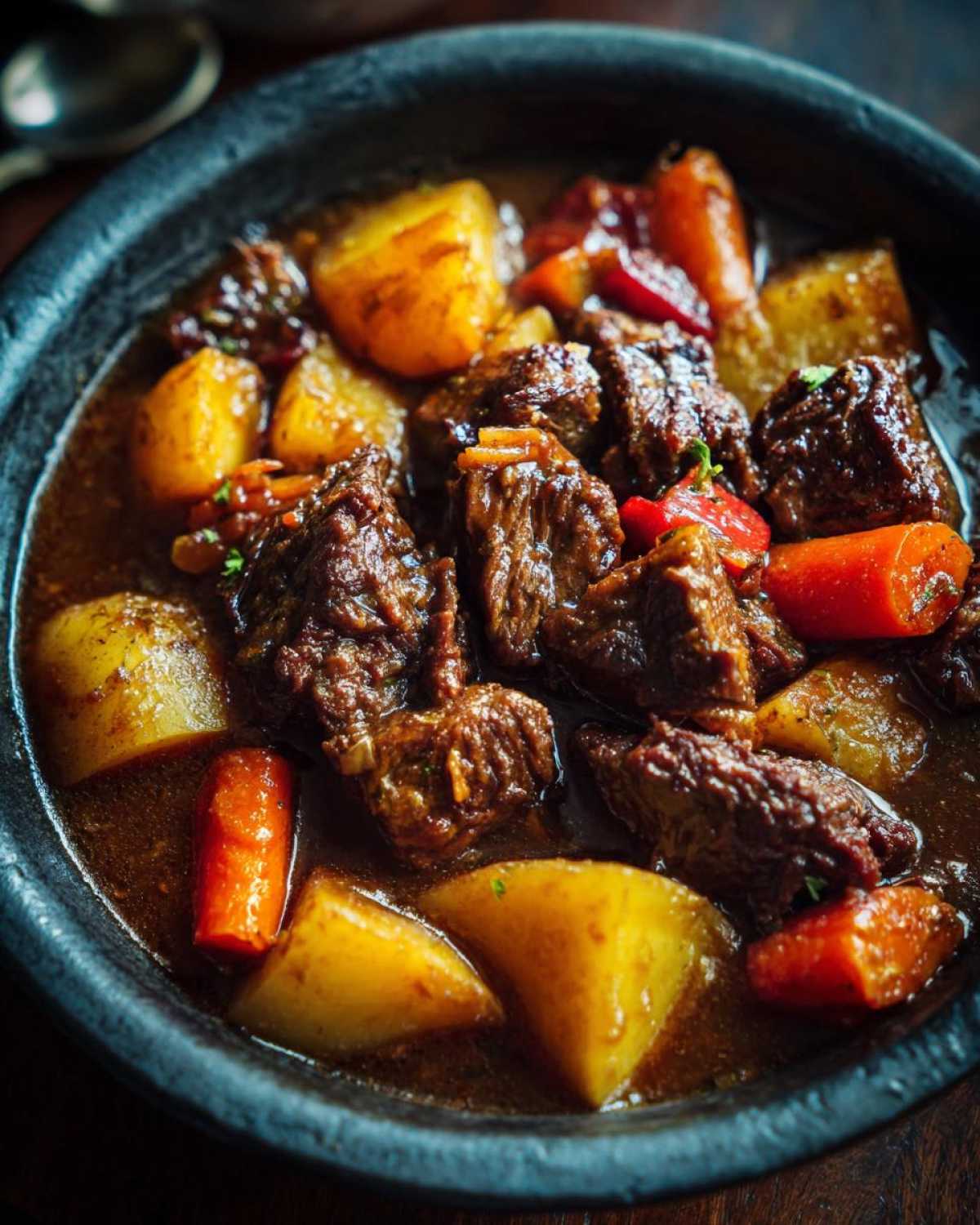 Close-up of tender chunks of beef, potatoes, and carrots in a rich gravy from the crockpot beef stew.