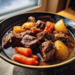 A close-up of tender beef chunks, carrots, and potatoes in a rich gravy, ready to eat from a dark bowl. This is the amazing crockpot beef stew.