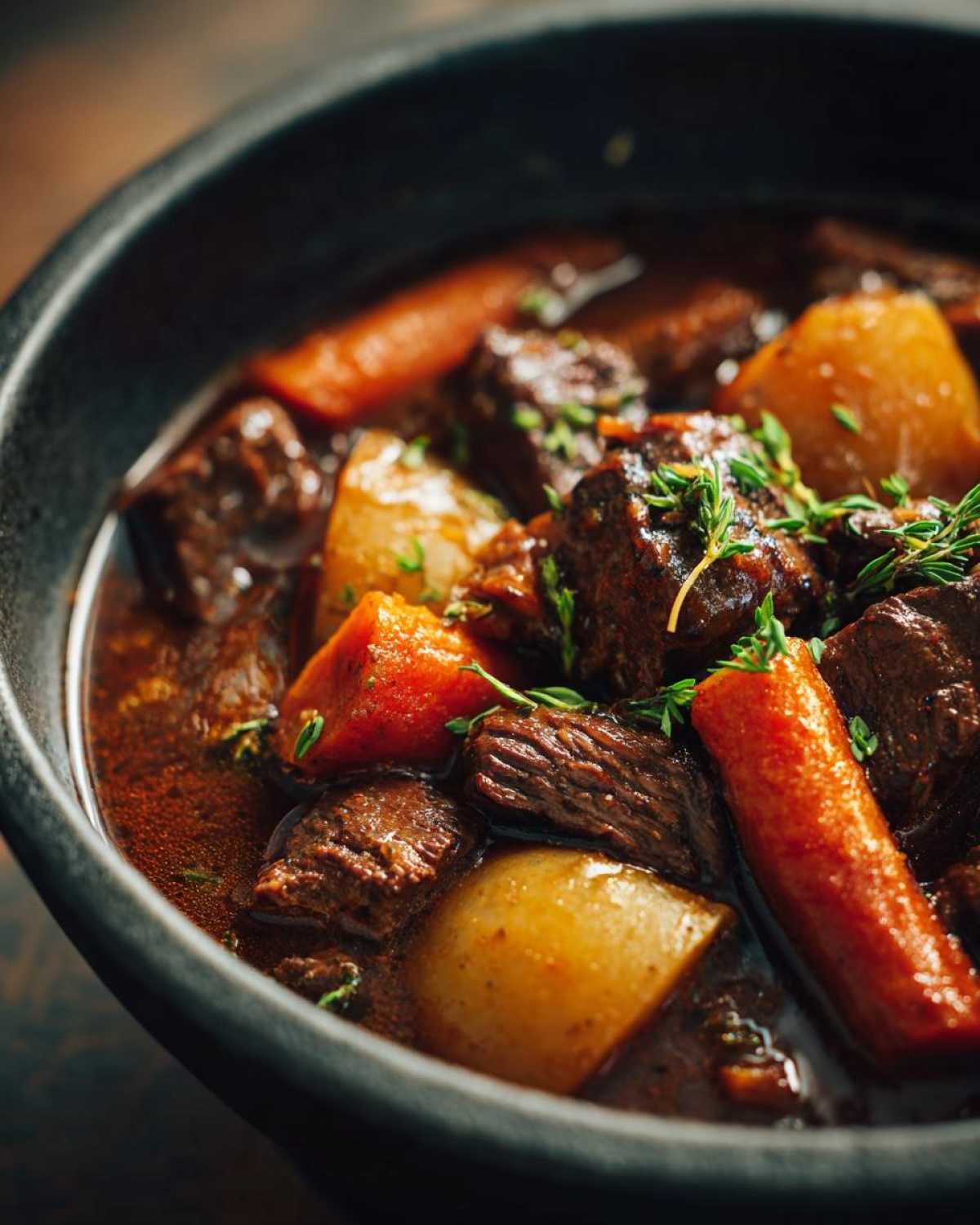 Close-up of rich, dark crockpot beef stew with chunks of beef, carrots, and potatoes, garnished with thyme.