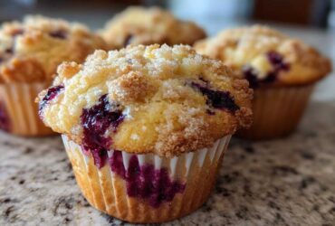 A close-up of a delicious blueberry muffin with a sugary crumb topping, showing burst blueberries.