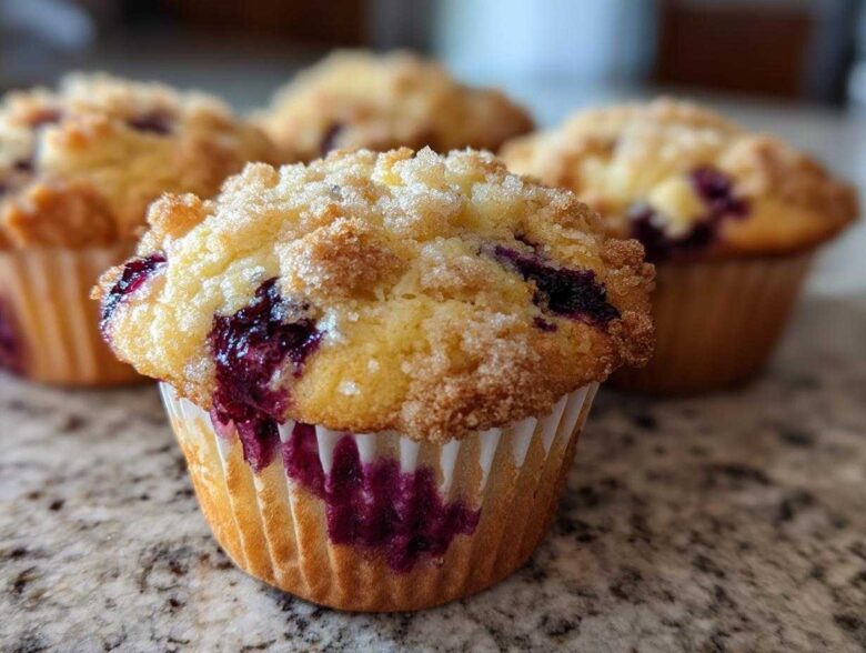 A close-up of a delicious blueberry muffin with a sugary crumb topping, showing burst blueberries.