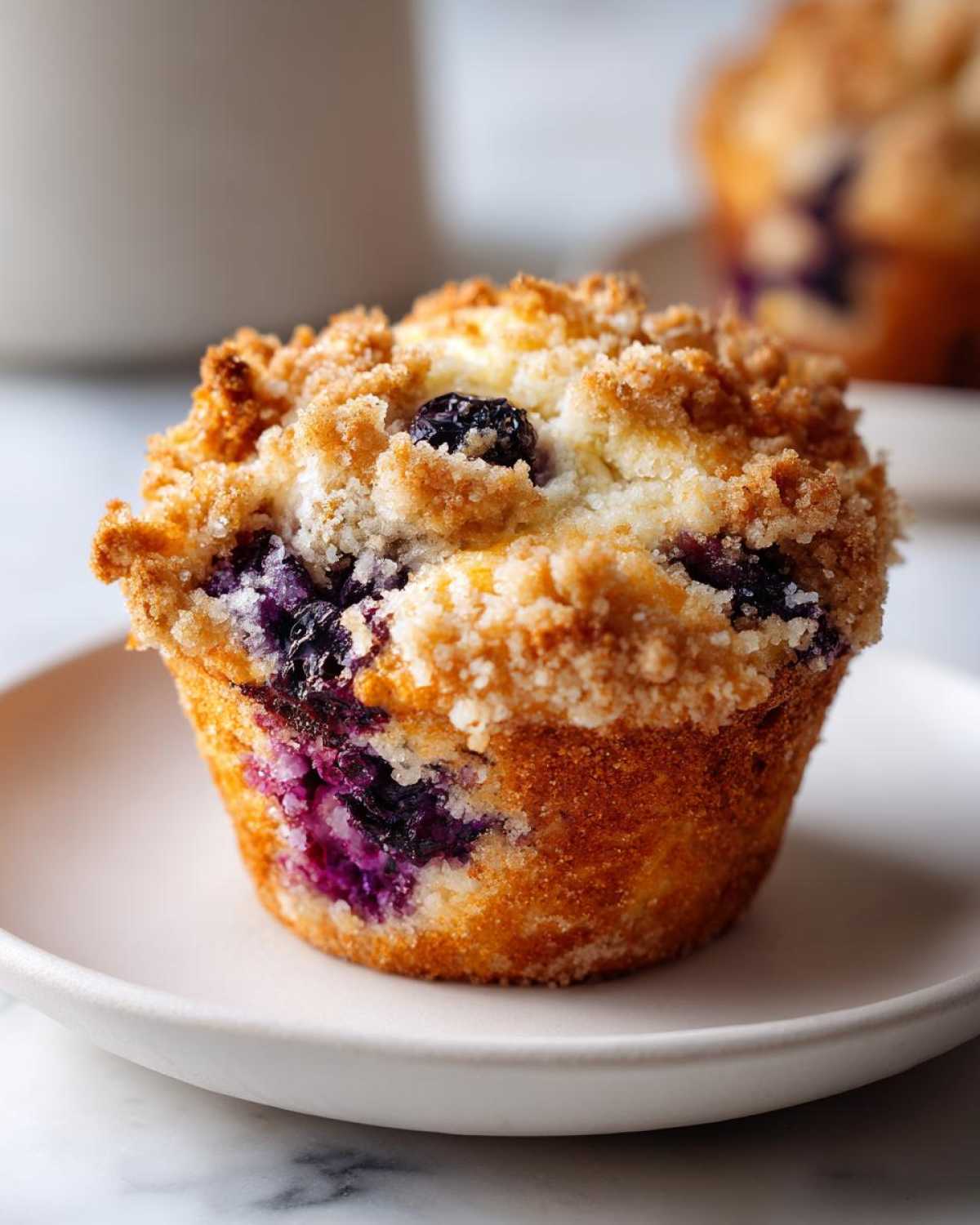 A close-up of a golden brown blueberry muffin topped with a thick, sugary crumb topping.