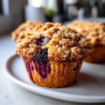 A close-up of a golden blueberry muffin topped with a generous, sugary crumb topping, sitting on a white plate.