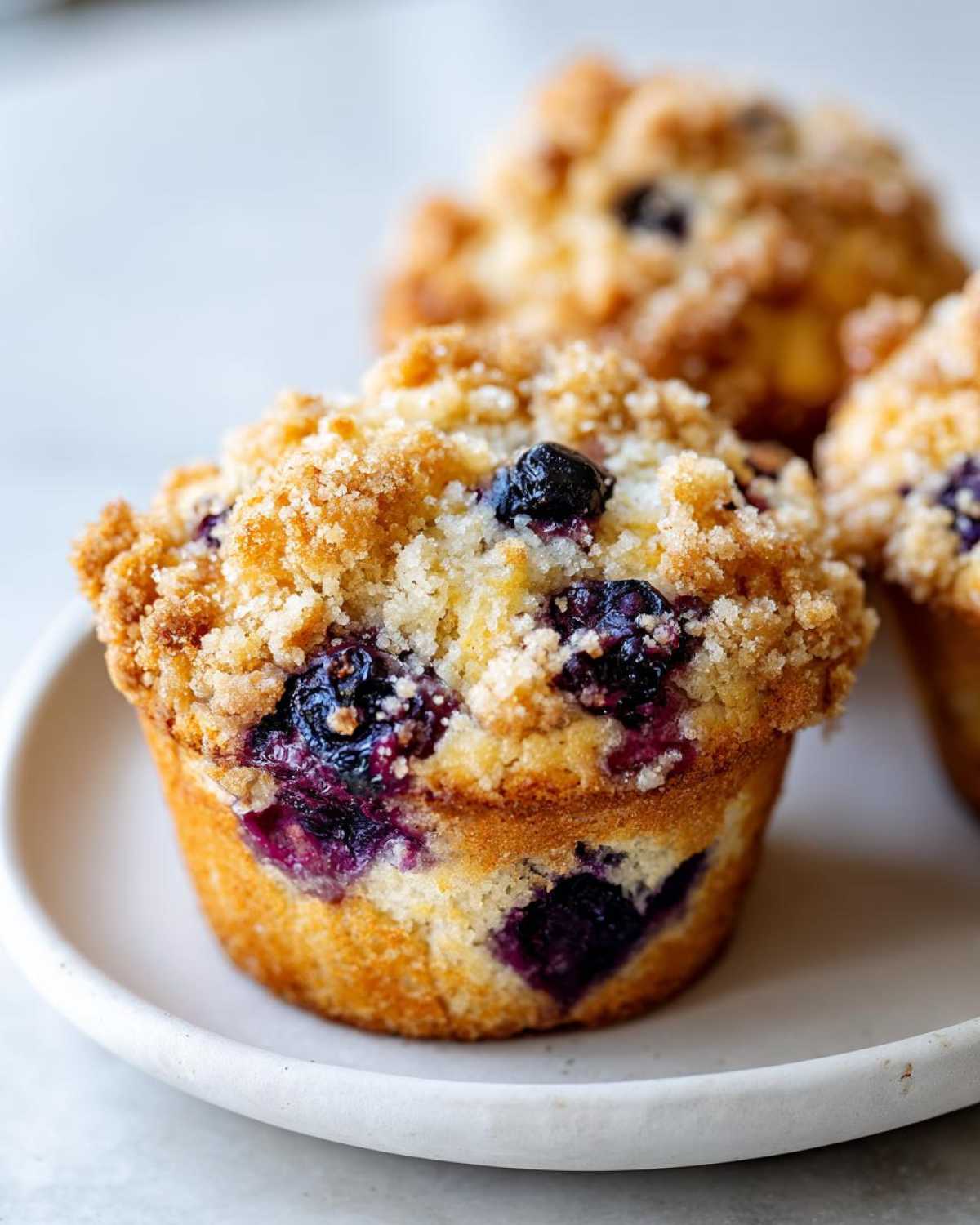A close-up of a golden brown blueberry muffin topped with sweet streusel crumb, featuring visible blueberries.