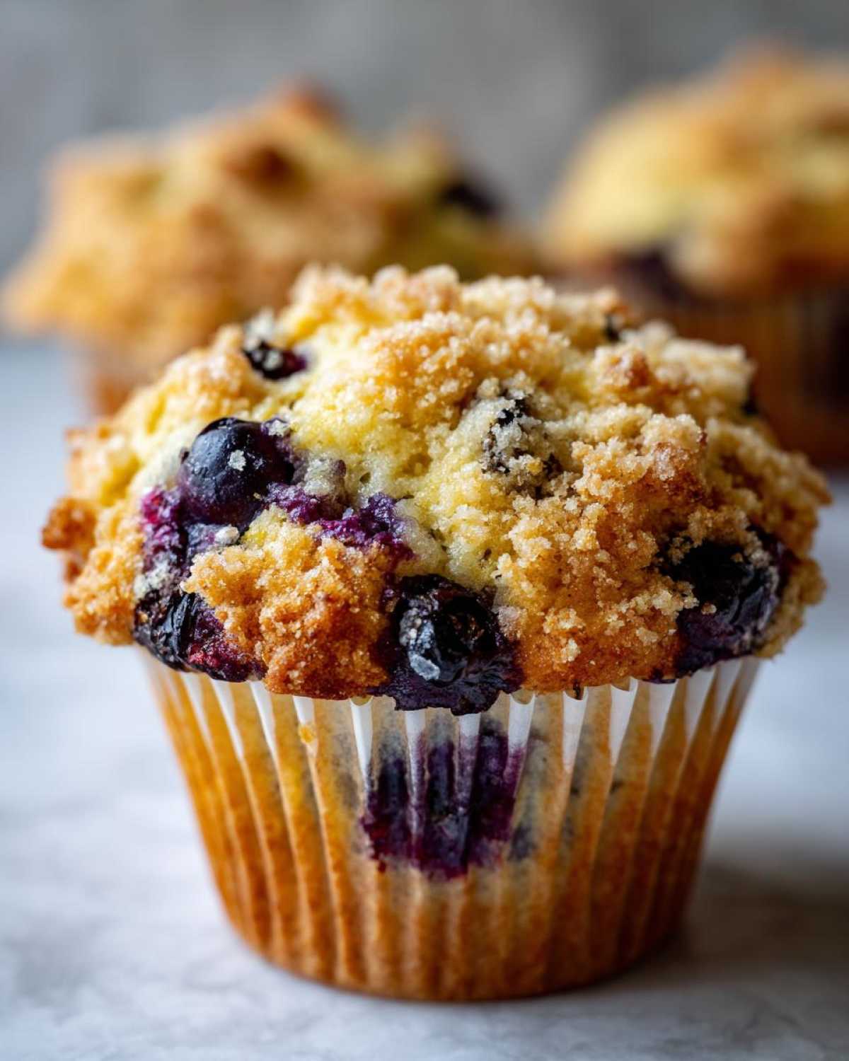 A close-up of a delicious, golden-brown blueberry muffin topped with streusel, showcasing juicy blueberries.