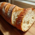 A freshly baked, crusty french bread loaf, partially sliced to show the airy, open crumb structure.