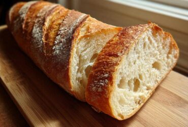 A freshly baked, crusty french bread loaf, partially sliced to show the airy, open crumb structure.
