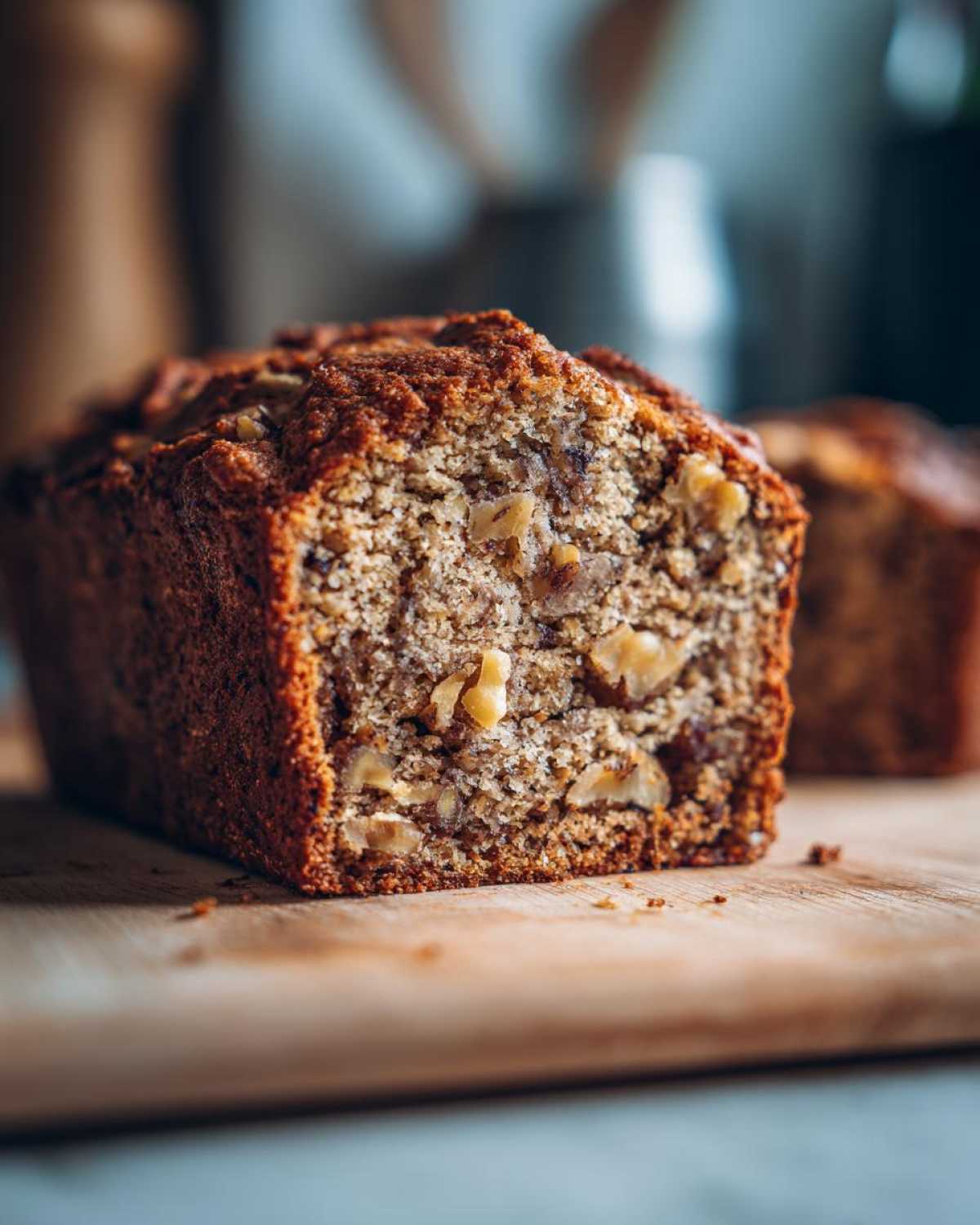A close-up, cross-section view of a moist date nut bread loaf studded with walnuts on a wooden cutting board.
