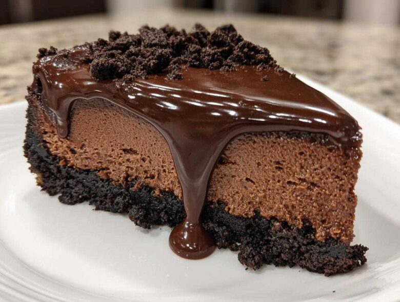 A close-up of a rich slice of chocolate cheesecake with a dark crust, mousse layer, and dripping ganache.