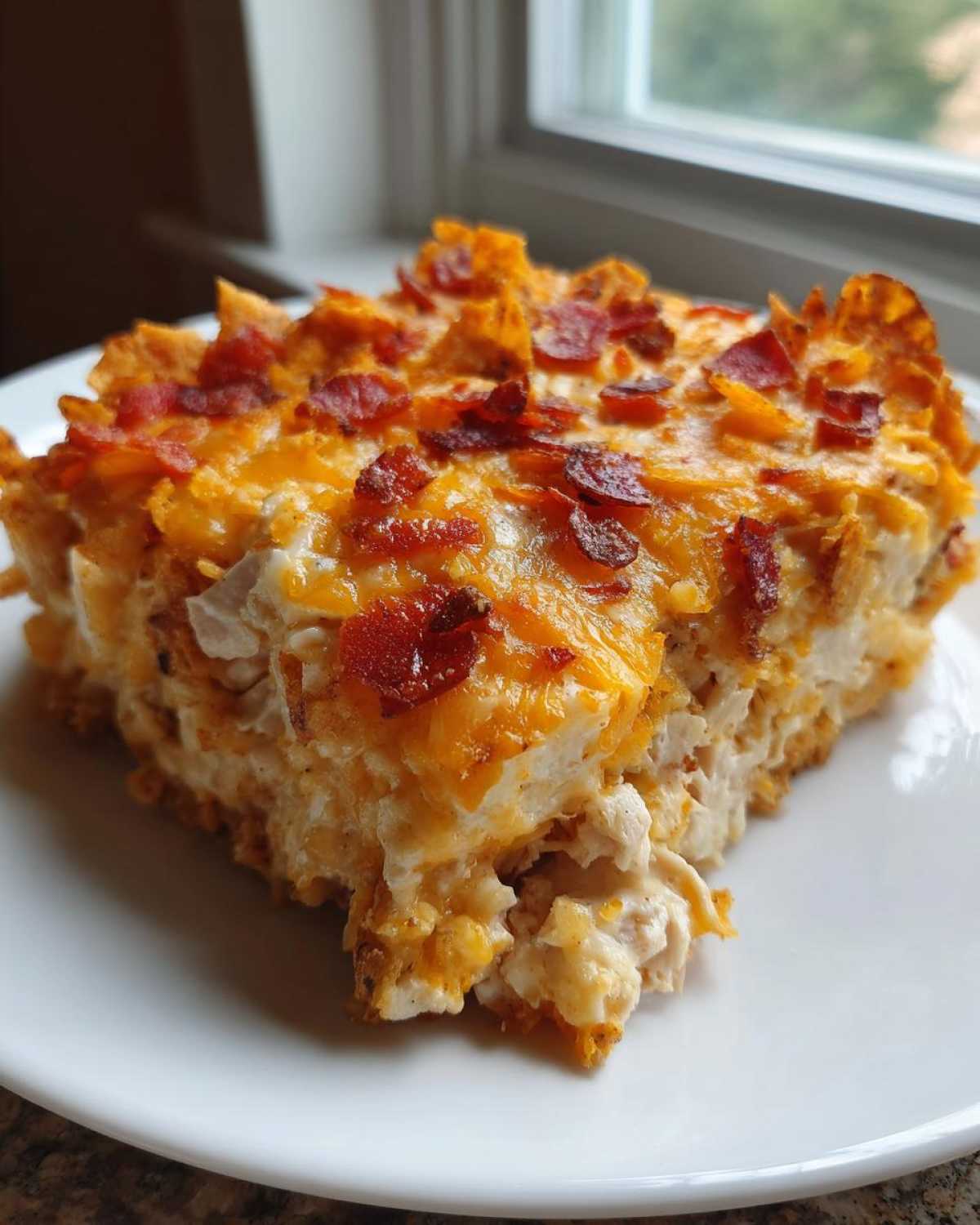A generous slice of Dorito Casserole featuring creamy chicken filling, melted cheddar cheese, and crispy bacon bits on top.