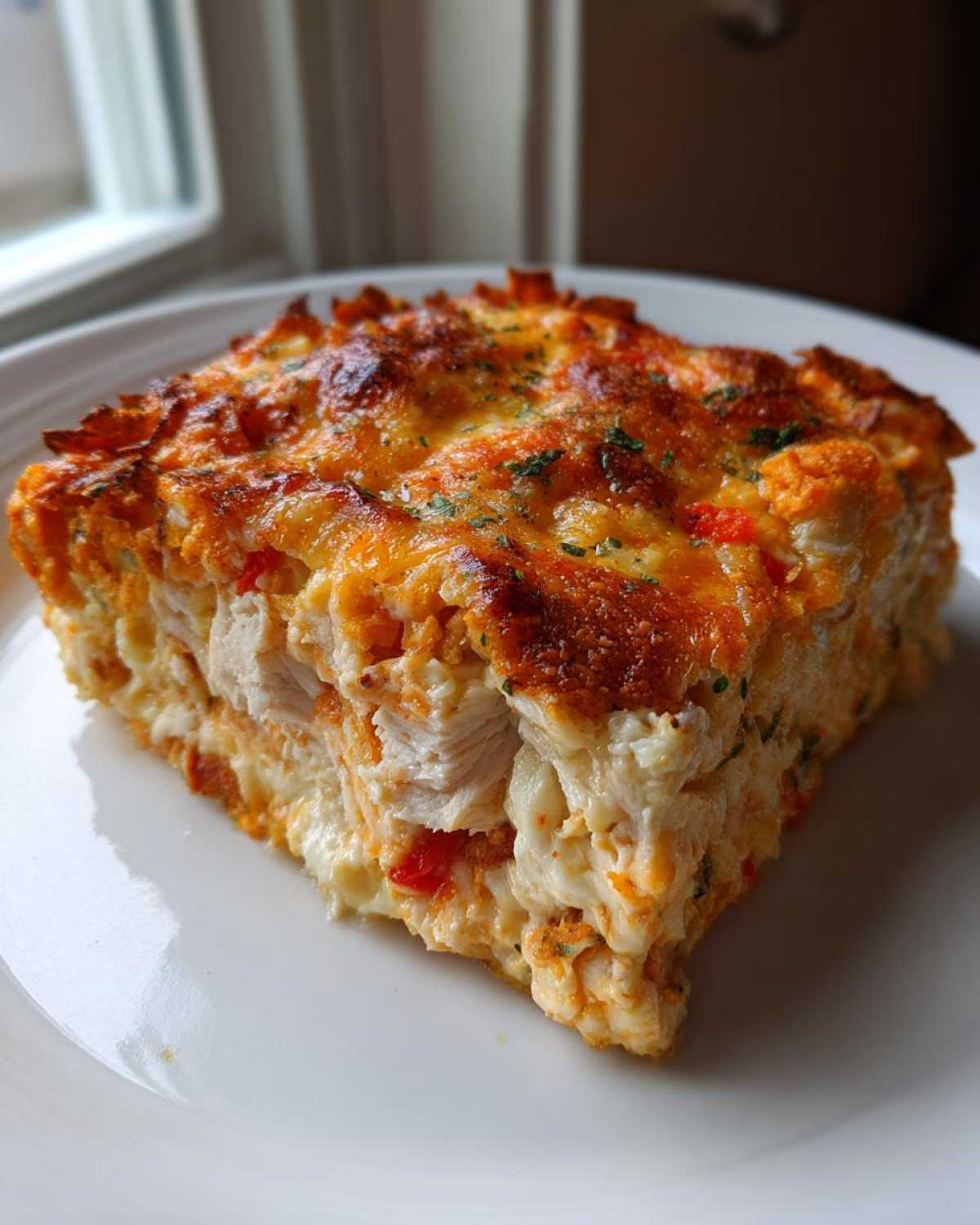 A square slice of cheesy Dorito Casserole featuring visible chunks of white chicken meat, served on a white plate.