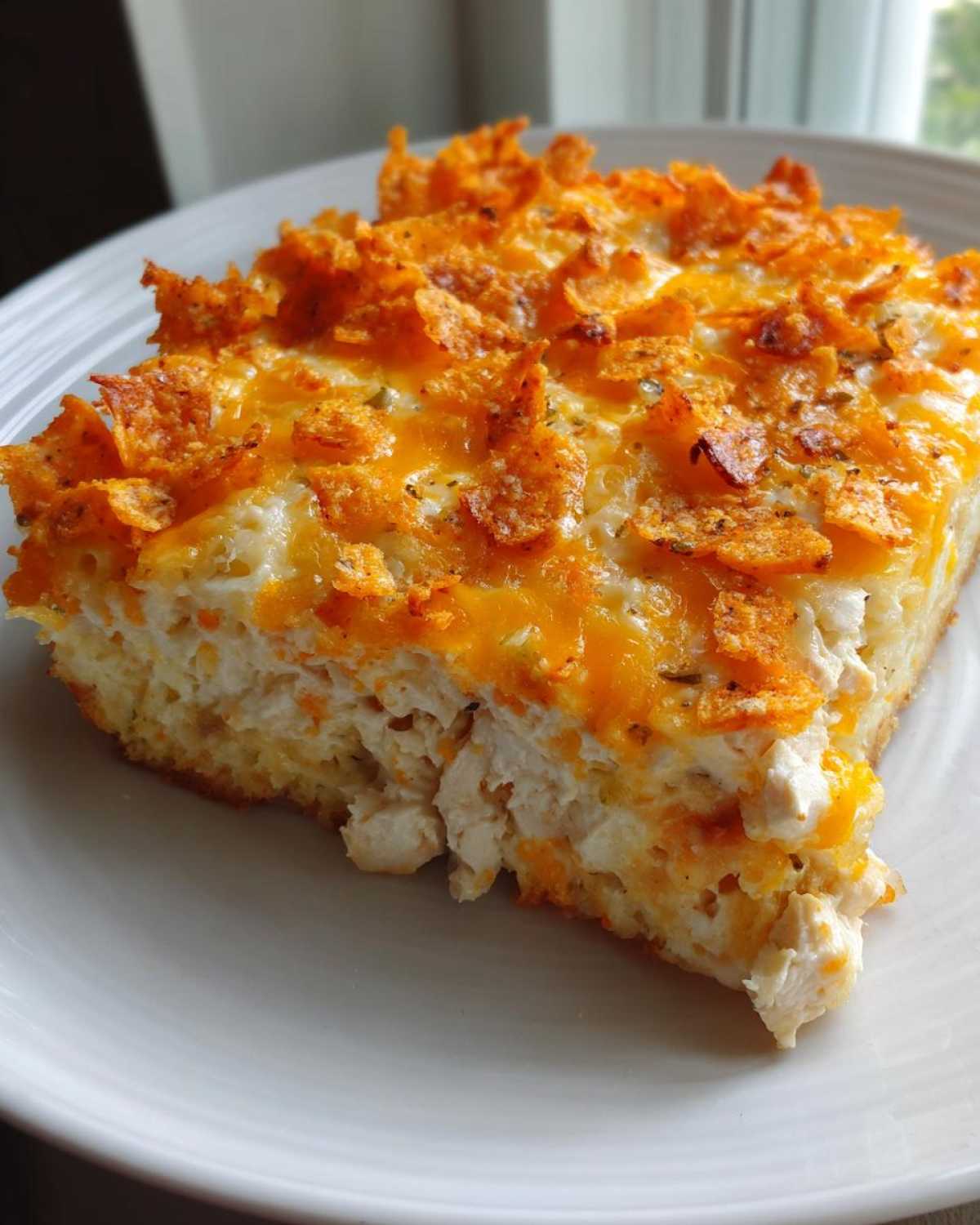 A close-up slice of creamy Dorito Casserole topped with melted cheese and crushed, seasoned tortilla chips.