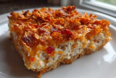 A square slice of creamy Dorito Casserole topped with crunchy, orange Doritos and melted cheese.