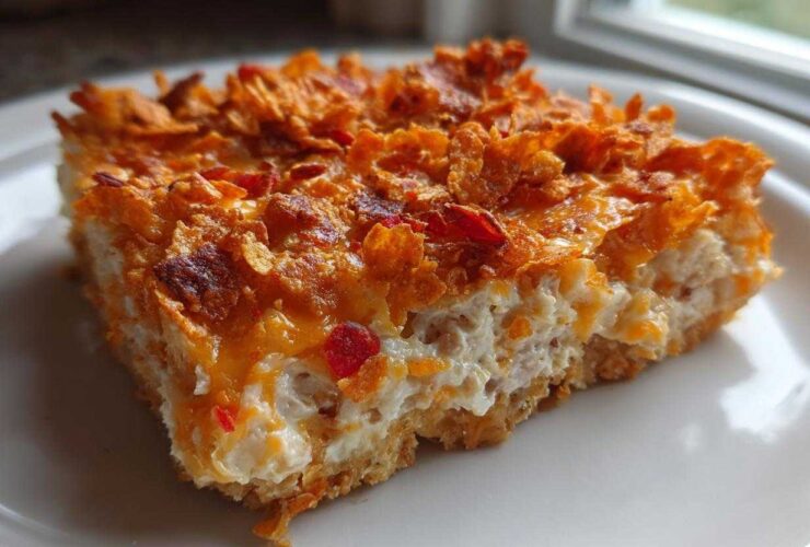 A square slice of creamy Dorito Casserole topped with crunchy, orange Doritos and melted cheese.