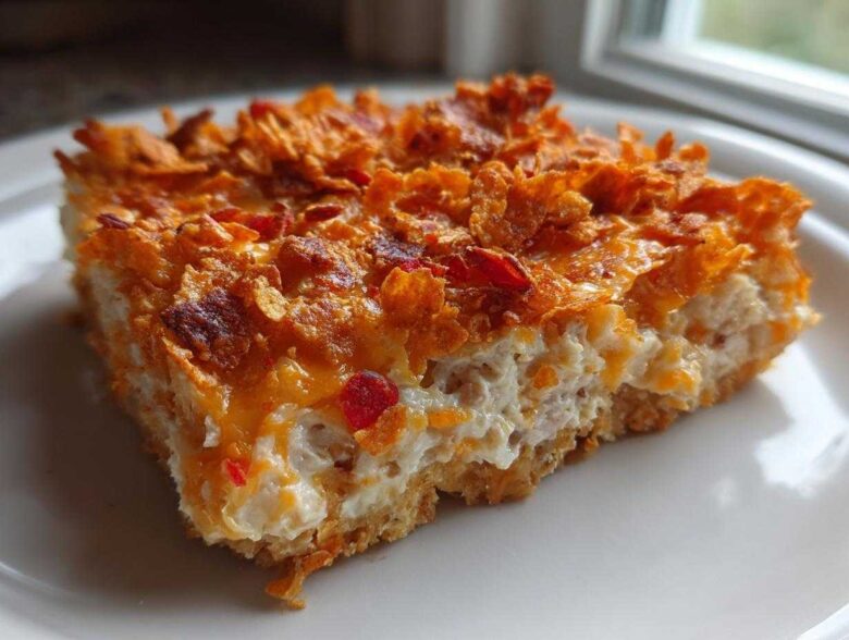 A square slice of creamy Dorito Casserole topped with crunchy, orange Doritos and melted cheese.