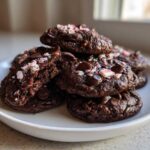 A stack of rich, fudgy double chocolate peppermint cookies topped with chocolate chips and crushed candy canes.