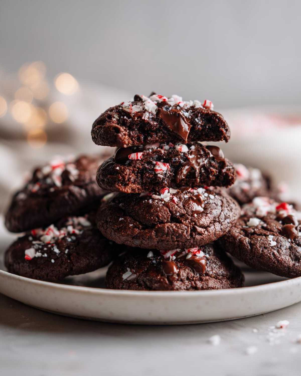 A stack of rich, fudgy double chocolate peppermint cookies topped with crushed candy canes and melted chocolate.