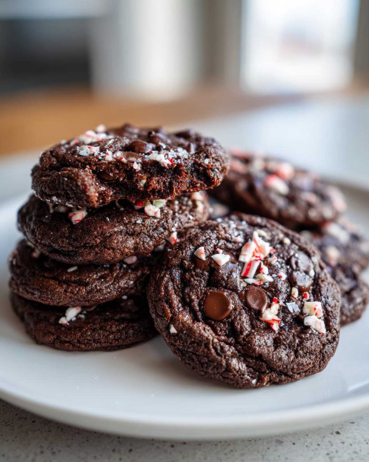 A stack of rich, dark double chocolate peppermint cookies topped with crushed candy canes.