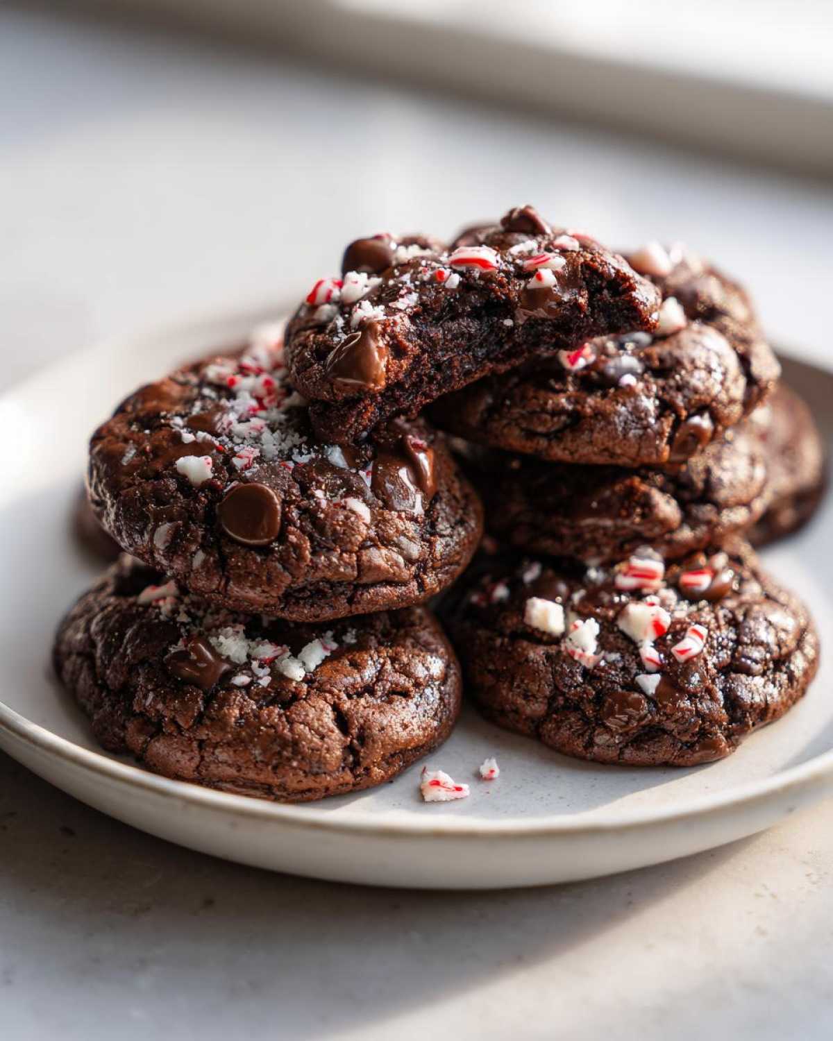 A stack of rich, fudgy double chocolate peppermint cookies topped with chocolate chips and crushed candy cane pieces.
