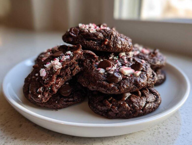 A stack of rich, fudgy double chocolate peppermint cookies topped with chocolate chips and crushed candy canes.