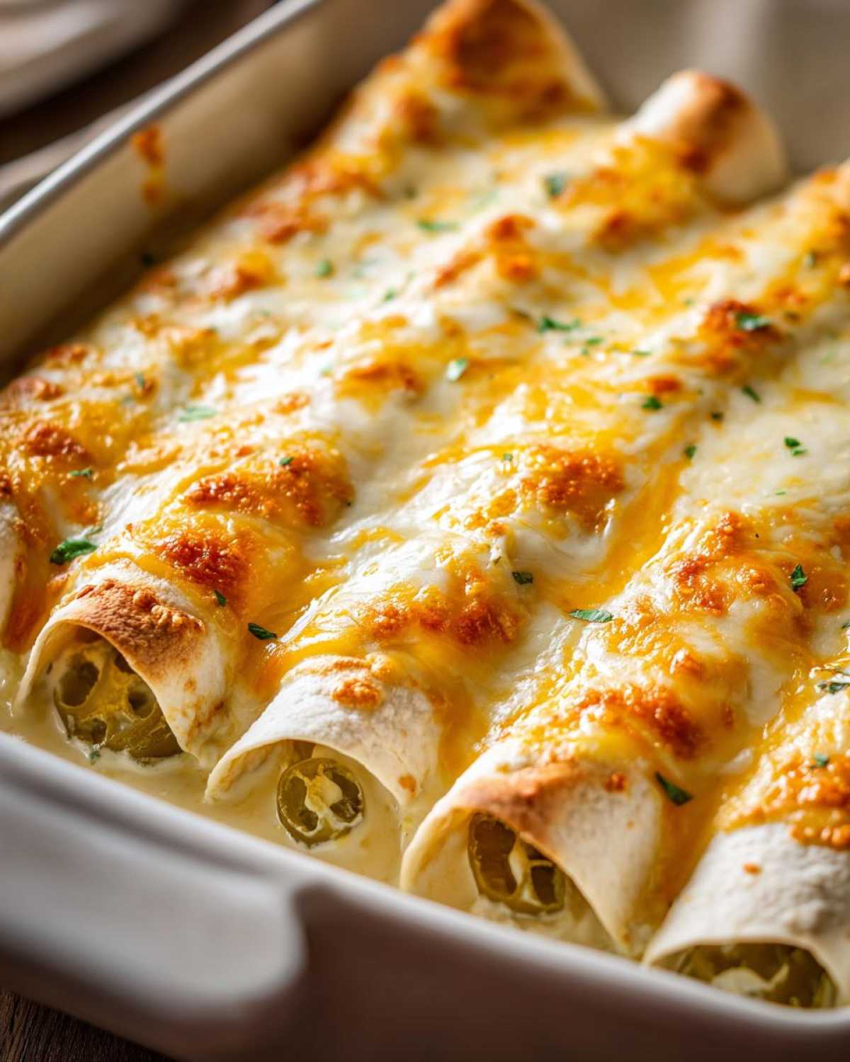 Close-up of baked chicken enchiladas covered in melted white and cheddar cheese sauce, showing sliced jalapeños inside.