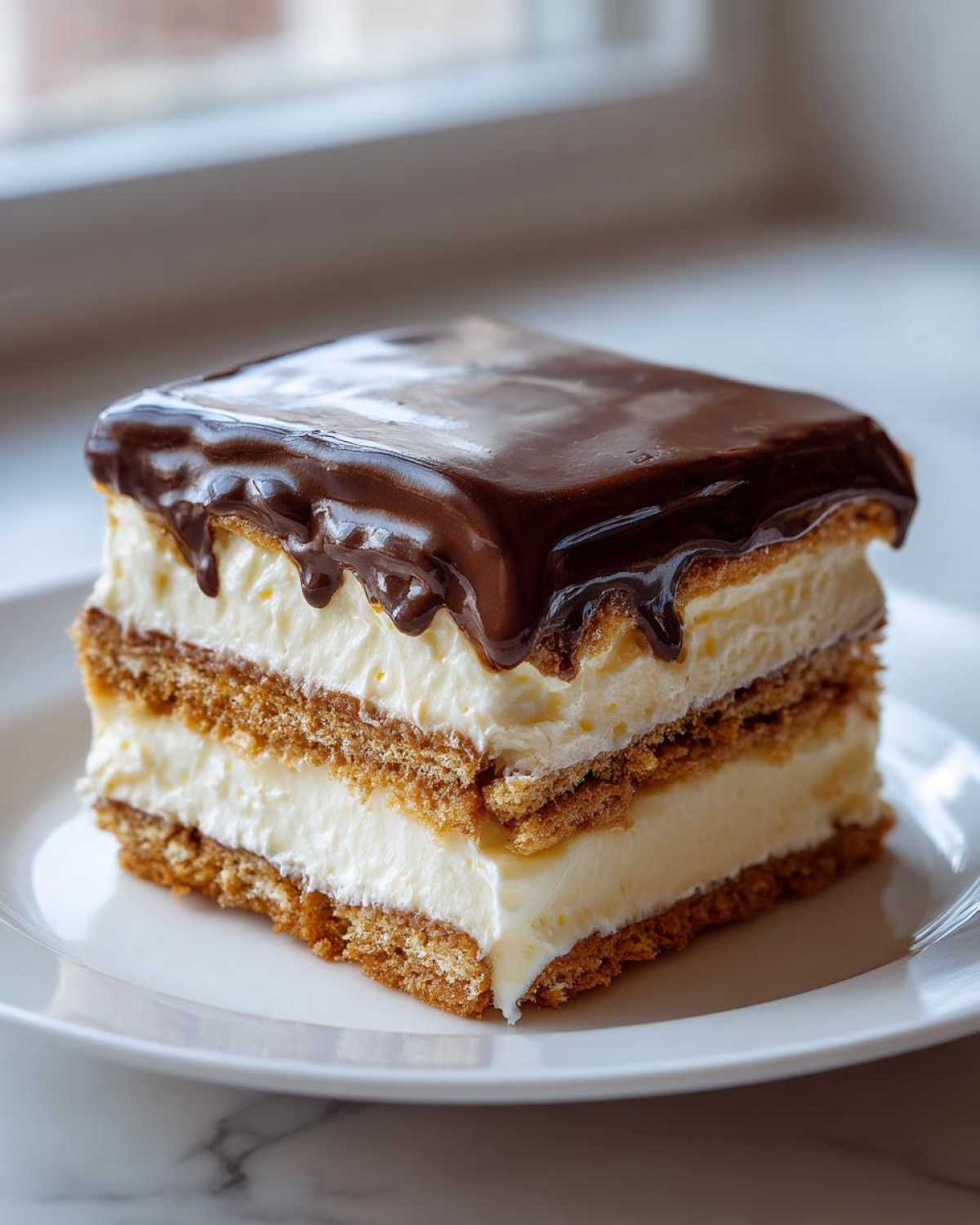 A perfect square slice of eclair cake featuring layers of graham crackers, creamy filling, and a rich chocolate topping.