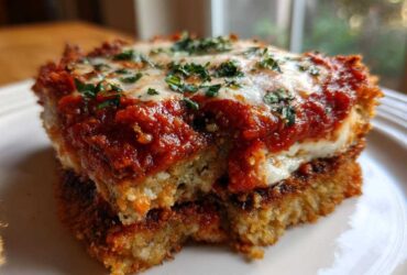 Close-up of a serving of crispy eggplant parmesan topped with rich tomato sauce and melted mozzarella cheese.