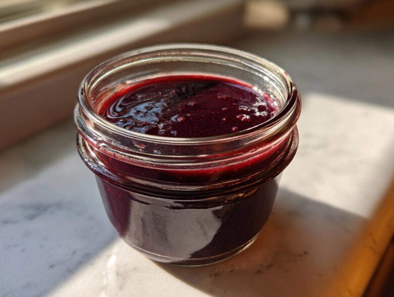 Close-up of rich, dark purple elderberry syrup recipe filling a small glass jar, catching sunlight.