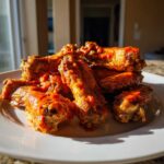 A pile of extra crispy chicken wings coated in bright orange buffalo sauce on a white plate.