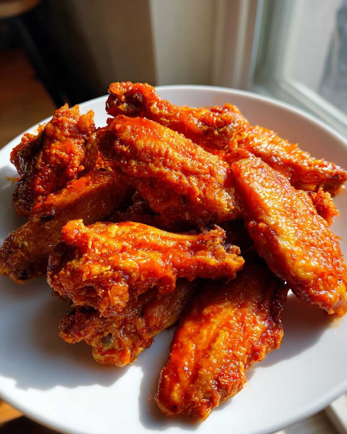 A close-up of several extra crispy chicken wings coated in bright orange buffalo sauce piled on a white plate.