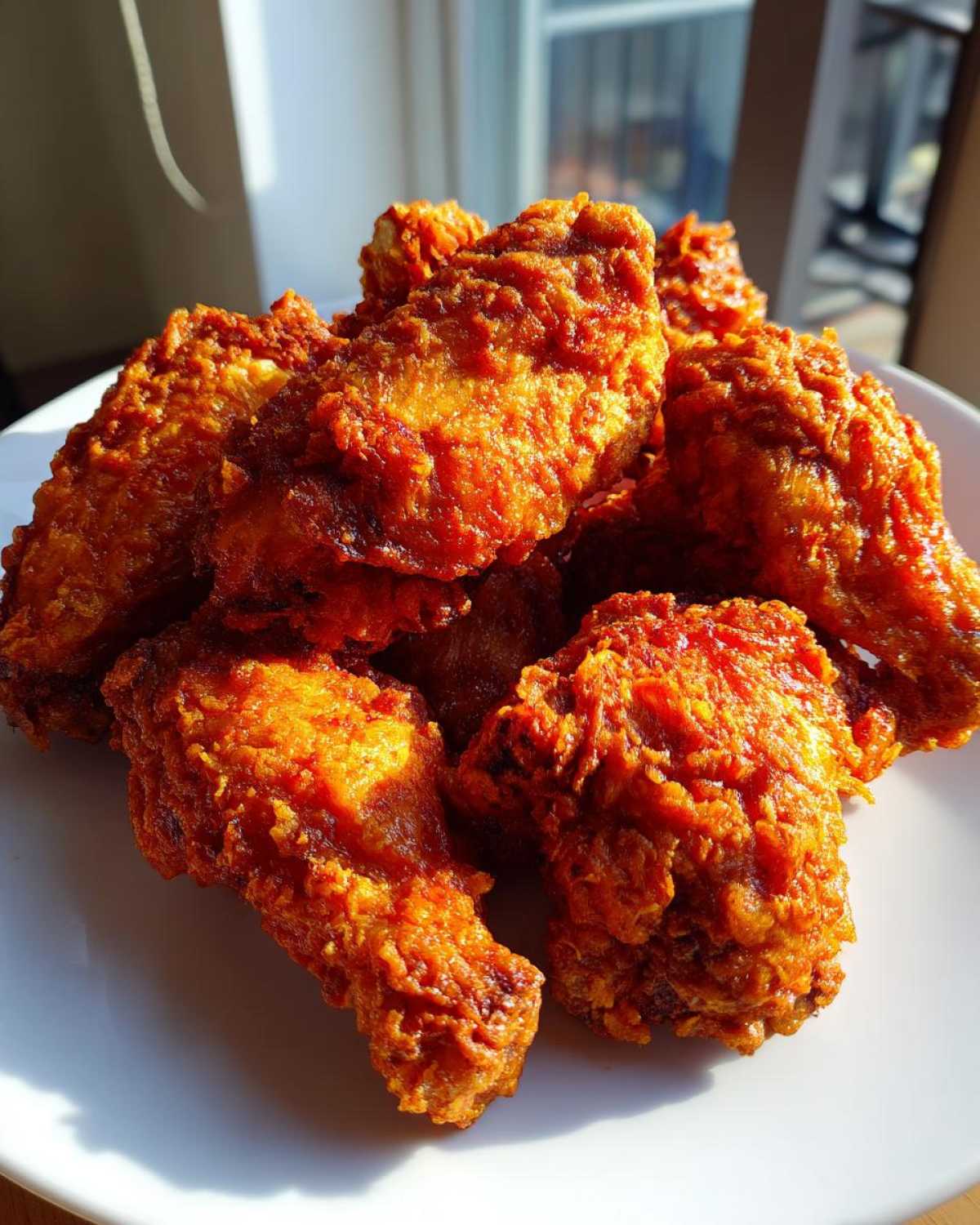 A pile of golden-brown, extra crispy chicken wings glistening under bright sunlight.
